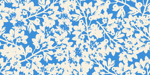 Seamless pattern with flower silhouette. Exotic hand-drawn flowers, abstract tropical floral for fabric, textiles, clothing, wrapping paper, covers, banners, home decor, and abstract backgrounds.