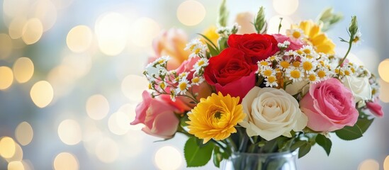 Fototapeta premium Colorful bouquet of red roses, yellow gerbera daisies, and white daisies in a clear vase, softly blurred background with bokeh lights.