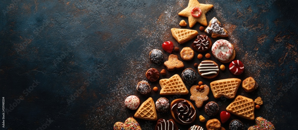 Poster Christmas tree shaped arrangement of assorted festive cookies candies and waffles on dark textured background creating a whimsical holiday scene