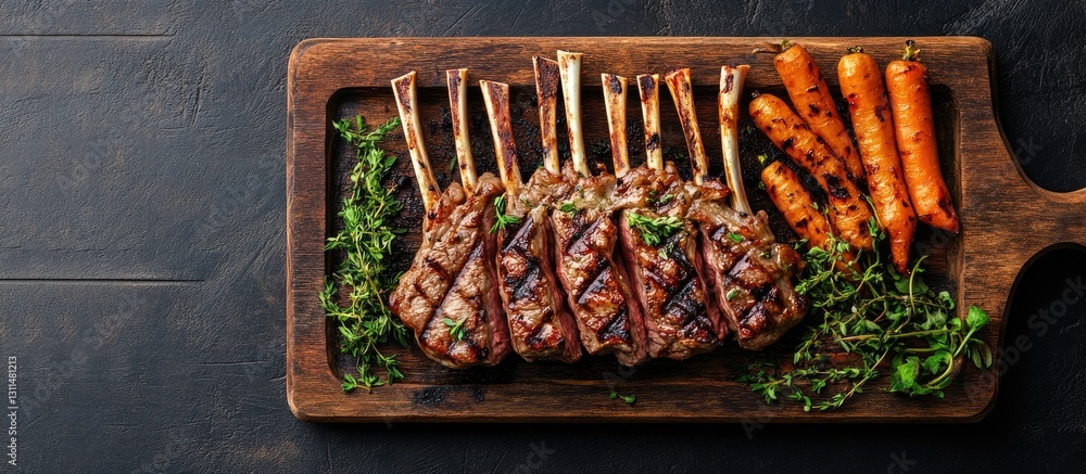 Poster Grilled rack of lamb with vibrant carrots and fresh herbs on a rustic wooden board viewed from above with ample copy space to the side