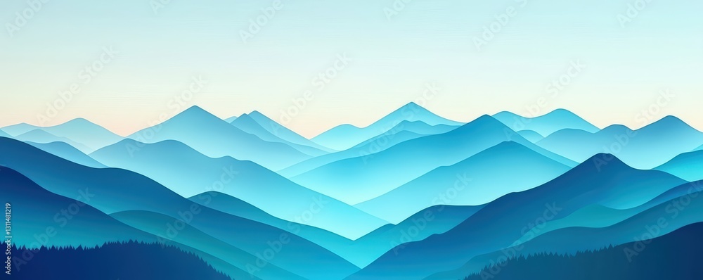 Poster a serene landscape featuring layered blue mountains under a soft gradient sky, creating a tranquil a