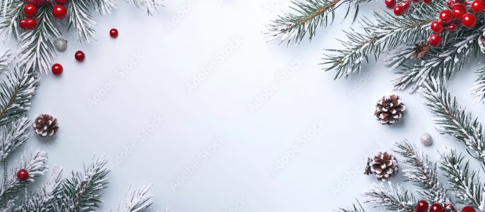 Aufkleber Winter holiday flat lay featuring snow-dusted evergreen branches with red berries and pine cones on a light gray background creating a festive frame.