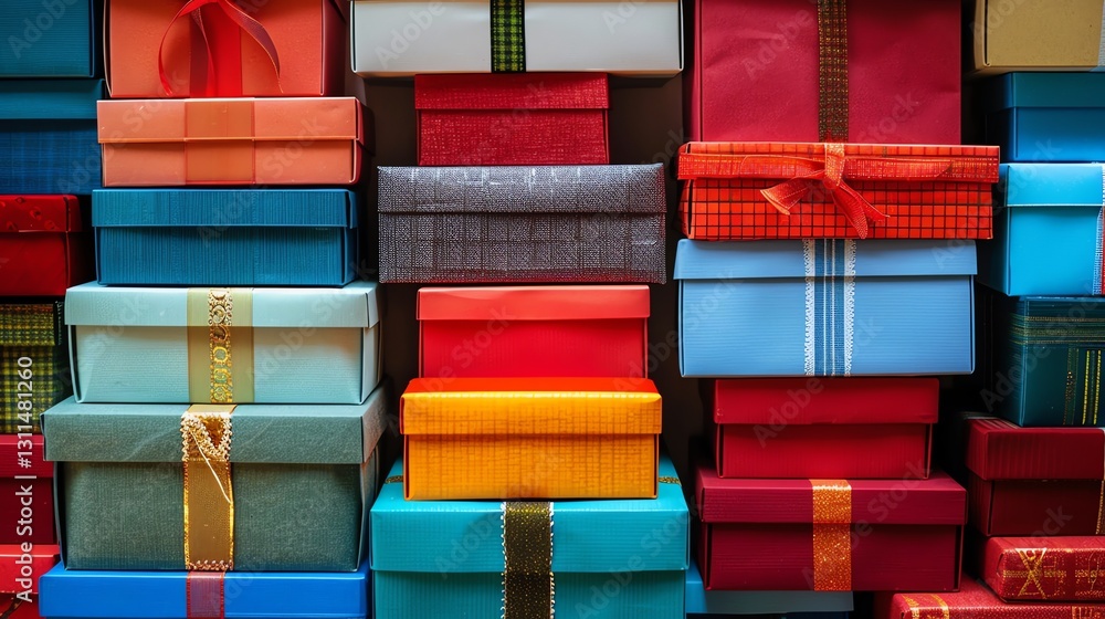 Aufkleber a wall of stacked gift boxes in various colors and patterns, creating a colorful and festive scene.