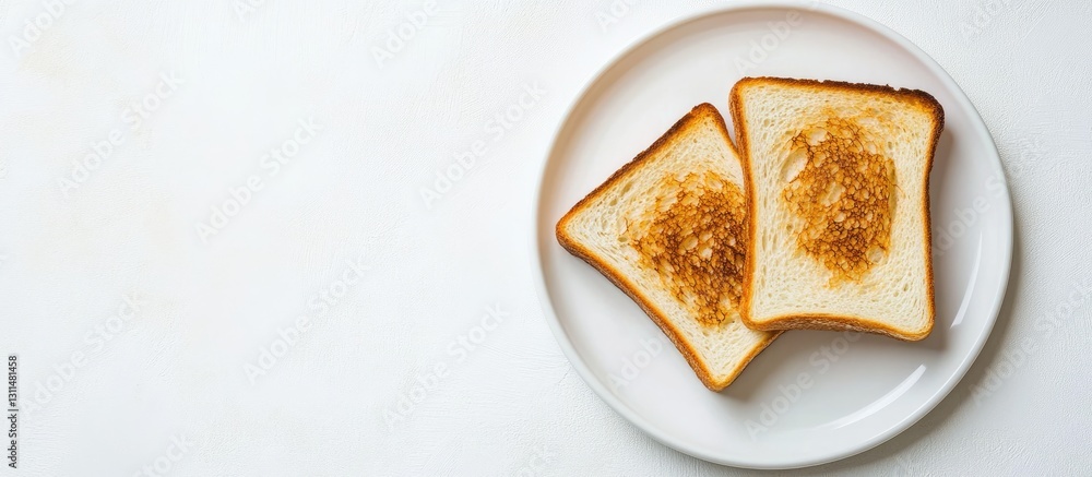 Aufkleber Two crispy toasted bread slices on a white plate positioned at the top left against a light background viewed from above with subtle shadows.