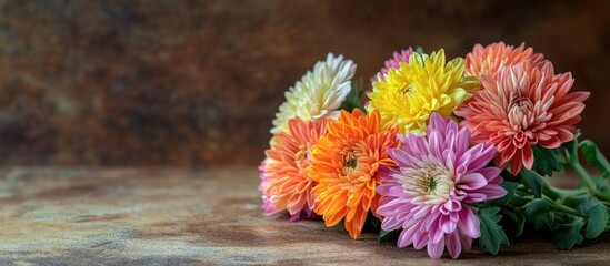 Vibrant chrysanthemums in shades of orange yellow pink and white arranged on a textured wooden table against a blurred rustic backdrop