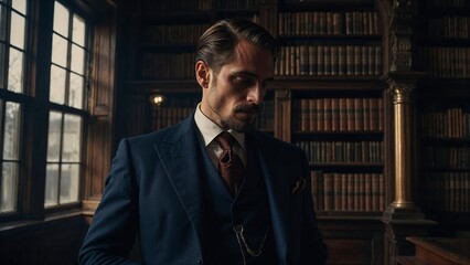 Businessman in an old-fashioned library, surrounded by vintage books and wooden shelves