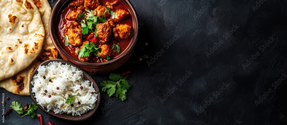 Poster spicy chicken tikka masala served in a clay bowl with rice and naan on dark background top view with