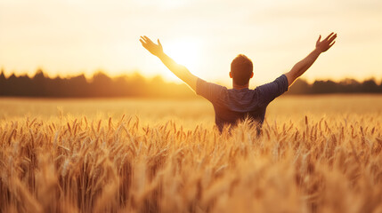 Joyful freedom at sunset in a wheat field a rural landscape experience