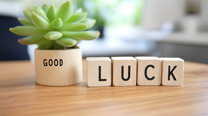 A wooden block with the word 'GOOD' and another block spelling 'LUCK', symbolizing positivity and fortune. Perfect for concepts on good luck, success, and motivation.