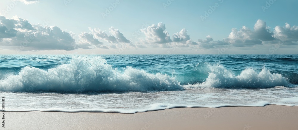 Poster Coastal view of gentle ocean waves lapping at a sandy beach under a bright blue sky with fluffy clouds creating a serene summer atmosphere