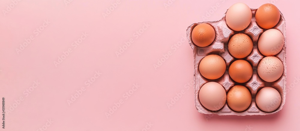 Poster Egg carton with twelve assorted chicken eggs on a soft pink background arranged in minimalist flat lay format with ample copyspace for text