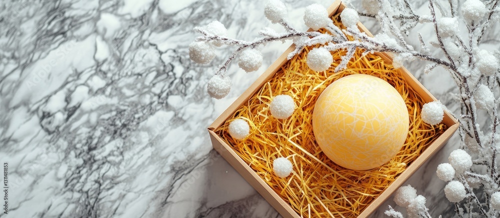 Aufkleber decorative yellow ball in straw box with snow-dusted branch and white berries on marble surface for 