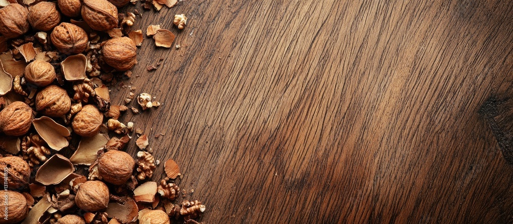 Aufkleber Beech nuts and shells scattered along the left edge of a rich woodgrain background with ample neutral copy space on the right side