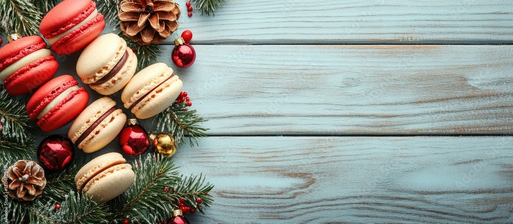 Poster festively decorated christmas macarons in red and cream on a light blue wooden table surrounded by p