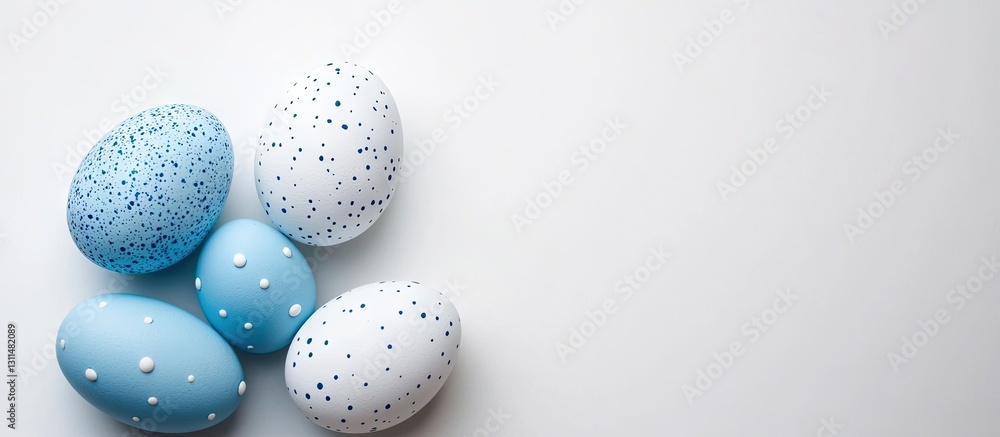 Poster blue and white speckled easter eggs arranged on a light gray background with ample copy space ideal 