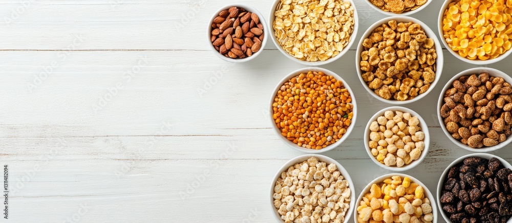 Poster assorted healthy organic cereals in white bowls arranged on a light wooden background with ample cop