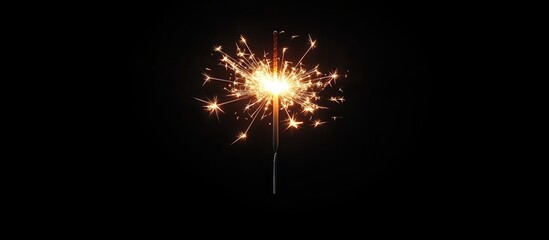 Fototapeta premium Sparkler glowing with bright golden sparks against a smooth black background, creating a festive atmosphere for celebrations and holidays.