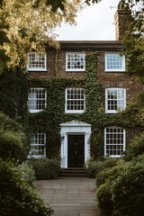 Charming brick house covered in green ivy with well-maintained garden near a quiet pathway during late afternoon sunlight