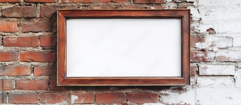 Aufkleber brown wooden frame positioned centrally against a textured red brick wall with white copyspace, crea