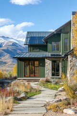 Fototapeta premium Mountain house design featuring modern architecture with solar panels and scenic views of autumn foliage in the Rocky Mountains during daytime
