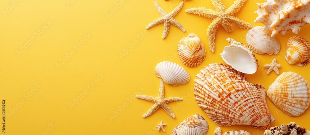 Leinwandbilder flat lay arrangement of various exotic seashells and starfish on a bright yellow background with amp