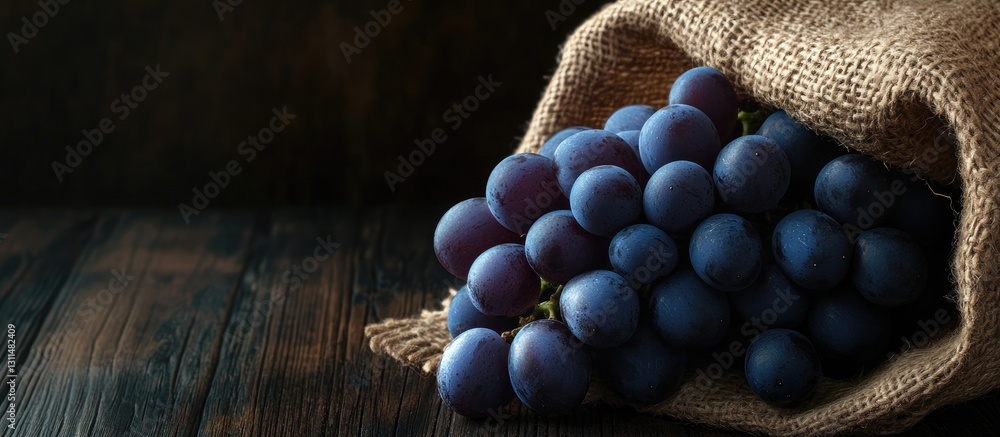 Poster blue grapes partially spilling from a burlap sack onto a rustic wooden table with a dark background 