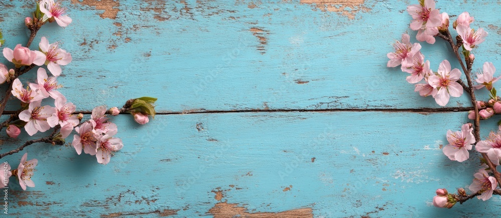 Aufkleber blue wooden background with distressed texture featuring pink cherry blossoms on either side creatin