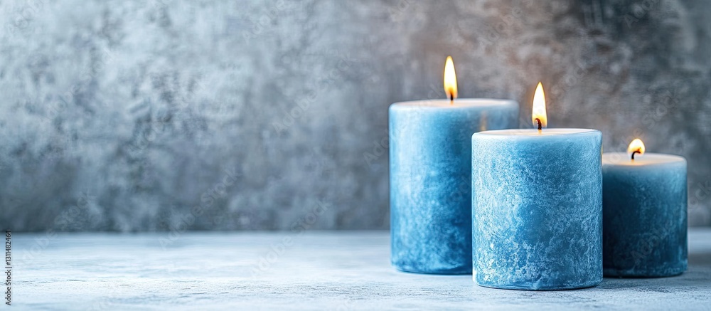 Leinwandbilder blue burning candles in varying heights arranged on a textured gray background with warm candlelight