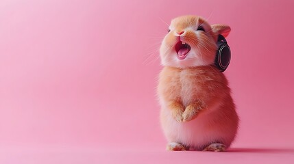 Cute Orange Bunny Splashing Water on Pink Background