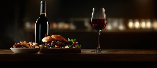 Naklejka premium Elegant dark setting featuring a red wine bottle and glass beside a gourmet burger and salad on a wooden table with warm candlelight ambiance