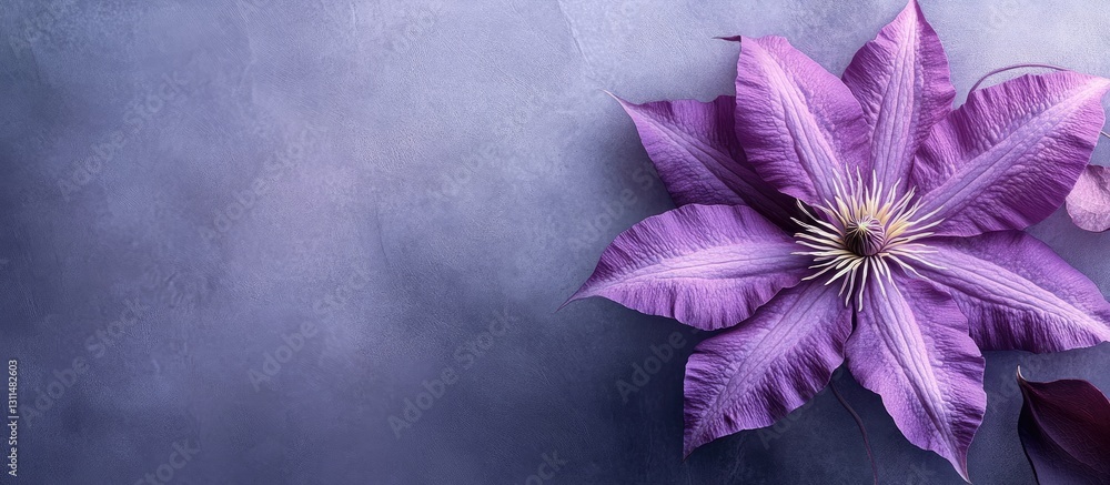 Poster elegant clematis flower with radiant purple petals positioned on a textured blue background, creatin