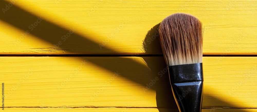 Poster vintage textured yellow wooden background with a large makeup brush casting a strong shadow in the u