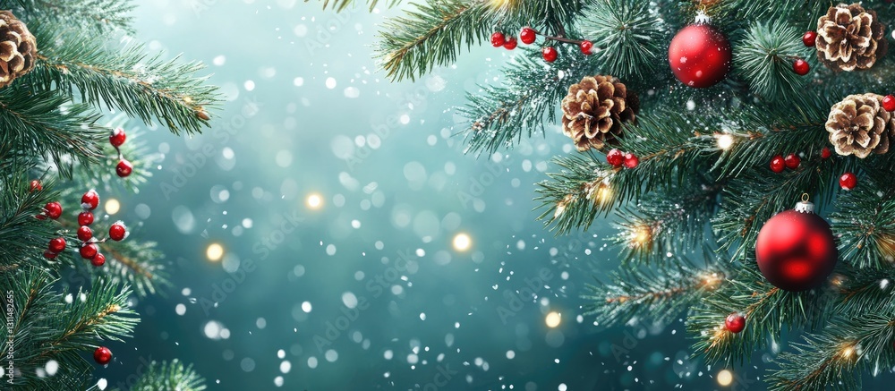 Poster festive green fir branches adorned with red ornaments and pine cones on a sparkling blue background 