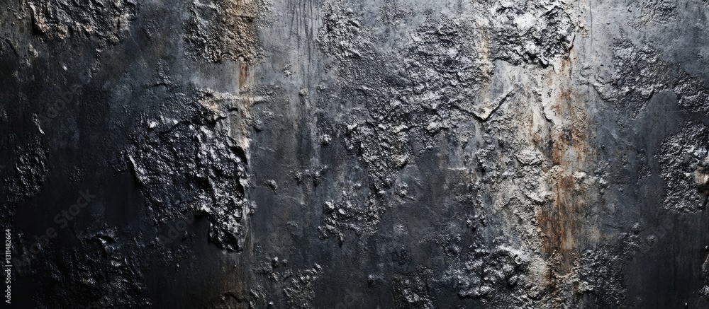 Poster textured dark wall with a black base featuring rough, uneven surfaces and hints of metallic tones al
