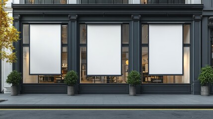 white vertical banners on building facade design lockup Store flags mock up on the street Outdoor banners template on the side of the shop exterior Three signs hanging, front view, 32k Resolution