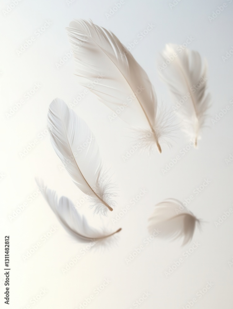 Poster soft white feathers float gently against a serene white background creating a dreamlike atmosphere i