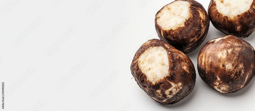 Poster boiled brown taro roots positioned on the left of a clean white background showcasing their textured