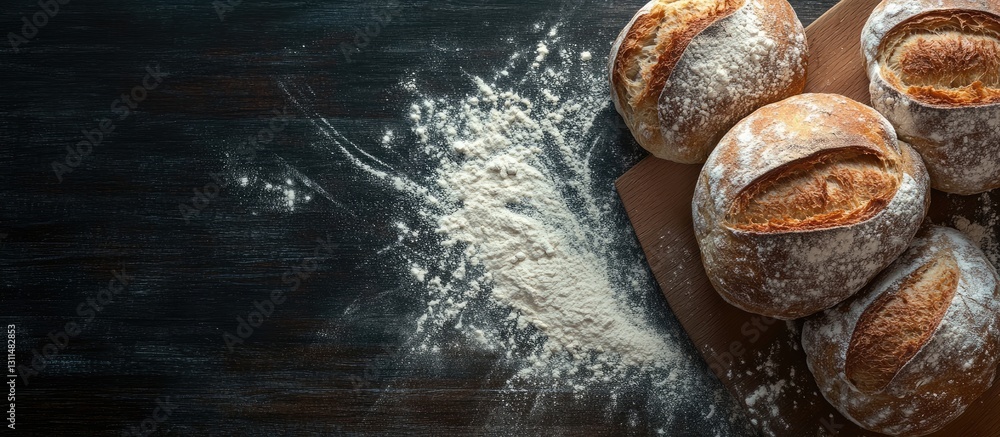 Poster freshly baked round artisan bread on a dark wooden table with flour scattered artfully to the left c
