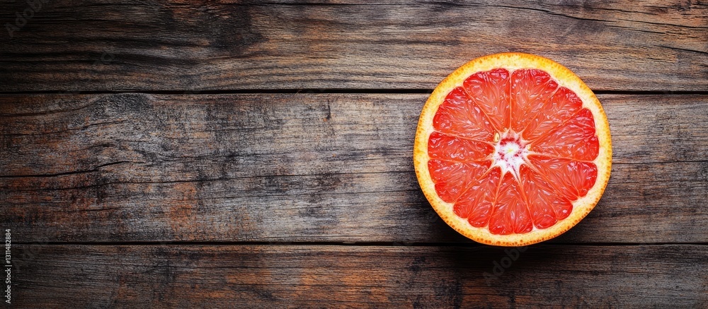 Poster vibrant red grapefruit slice positioned centrally on rustic wooden background with rich brown tones 
