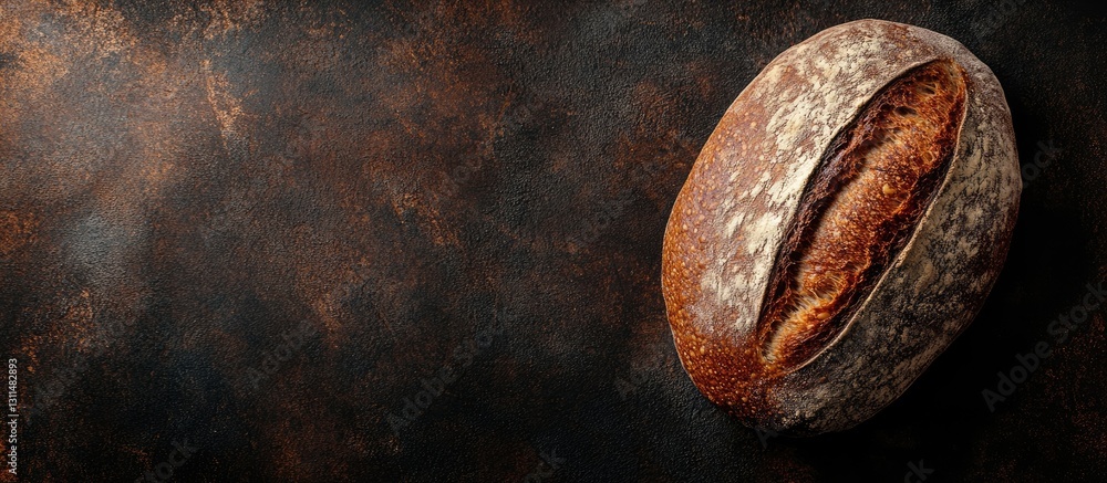 Poster Rustic buckwheat bread positioned left on a dark textured background with a warm brown hue and ample copy space for text on the right