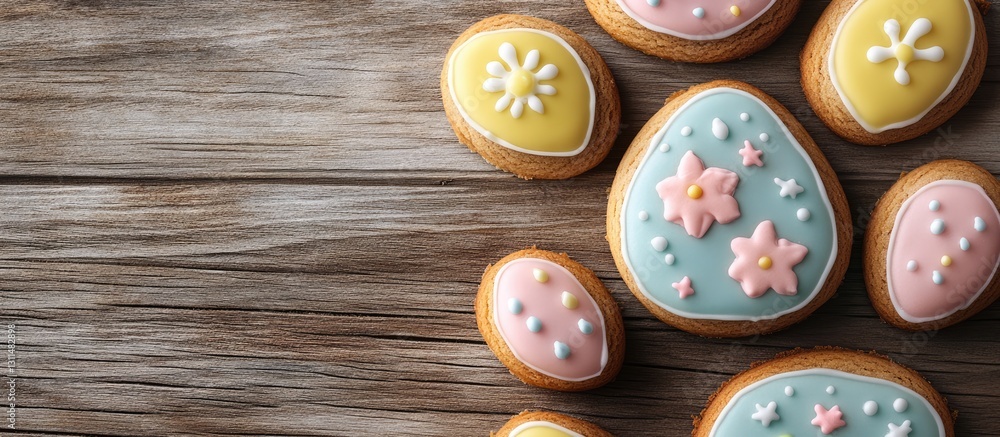Poster glazed easter gingerbread cookies in pastel colors arranged on rustic wooden table with copy space f