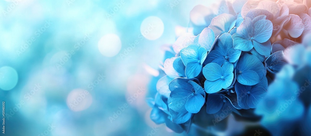 Aufkleber soft blue hydrangea petals in focus on the right with a blurred pastel turquoise background creating