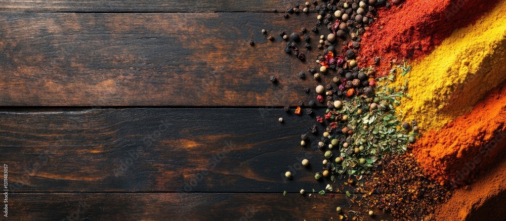 Poster vibrant spices in warm tones of red, yellow, and green spread across dark wooden table creating a ri