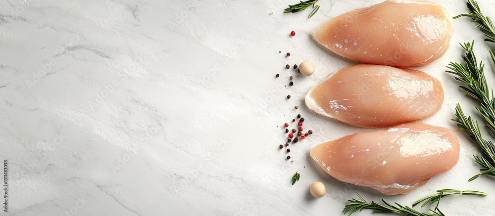 Poster raw chicken breasts arranged on a marble background with sprigs of rosemary and scattered peppercorn