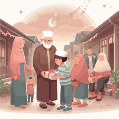 A serene rural Eid morning with villagers exchanging gifts and enjoying traditional food under a giant tree, illustrated in a soft, warm flat style