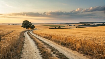 Fototapeta premium Rural landscape with a winding dirt road cutting through a golden wheat field at golden hour. 