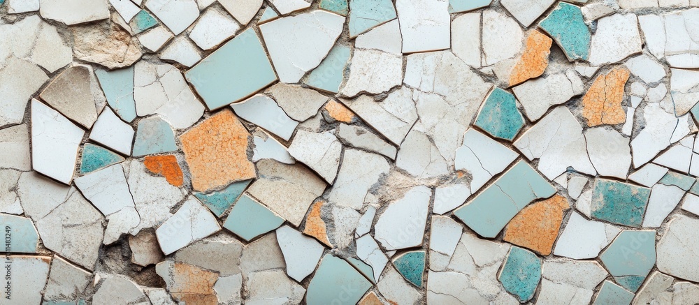 Poster mosaic collage of broken ceramic tiles featuring shades of turquoise, white, and orange arranged in 