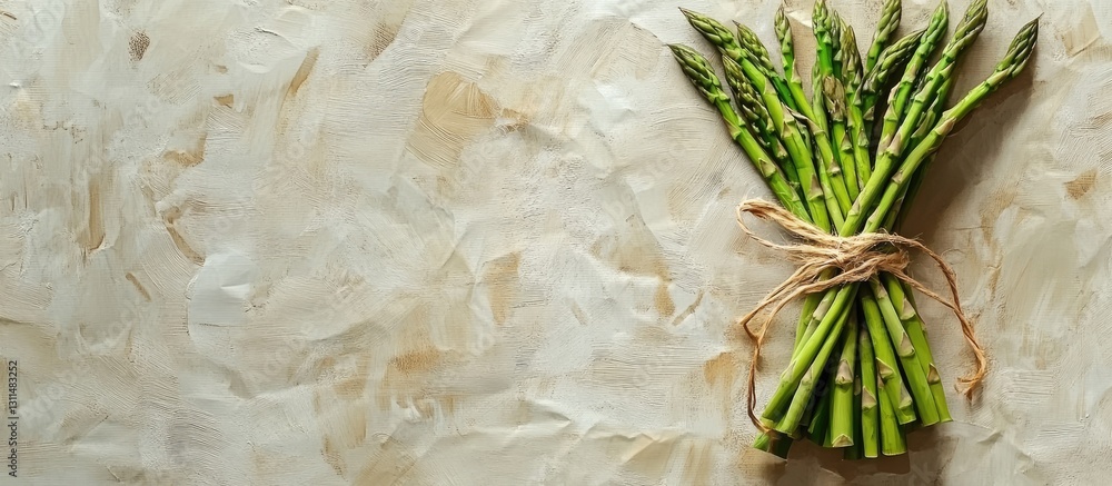 Poster fresh green asparagus bundle tied with twine on textured beige craft paper background showcasing vib
