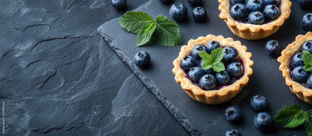 Poster blueberry tartlets topped with fresh blueberries and mint leaves on a dark slate background with spa
