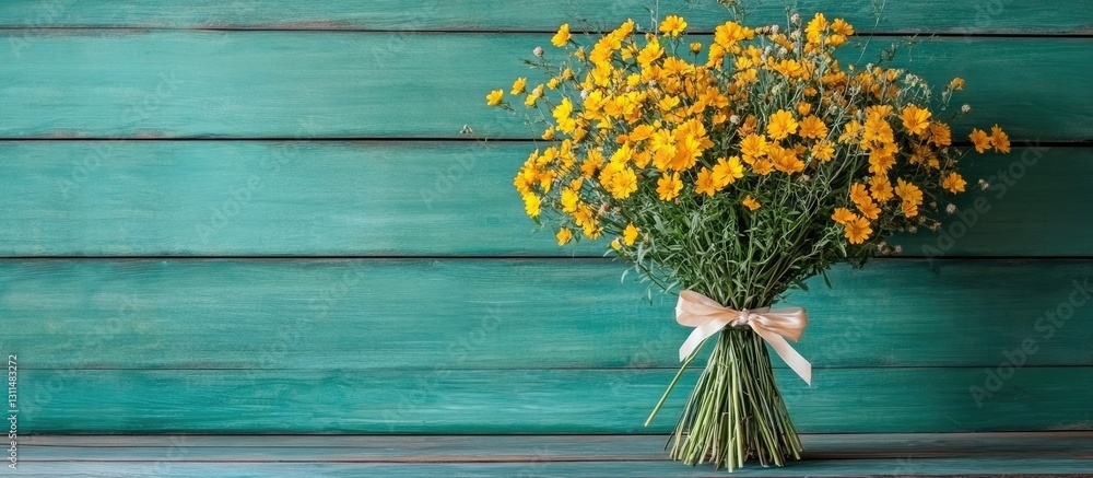 Poster vibrant yellow wildflower bouquet tied with a soft ribbon positioned on the right against a textured